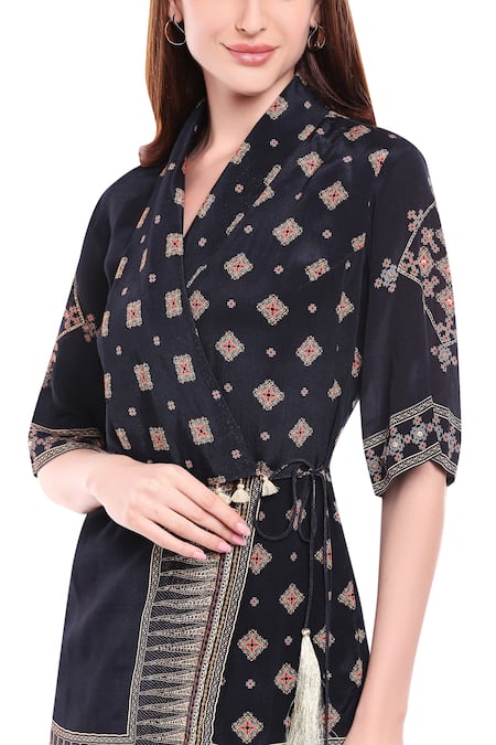 Soup By Sougat Paul_Black Crepe Floral Flap Lapel Printed Draped Skirt Set _at_Aza_Fashions