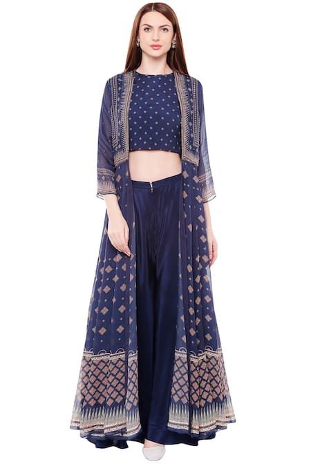 Soup By Sougat Paul_Blue Chiffon, Satin Round Printed Jacket Pant Set _Online_at_Aza_Fashions