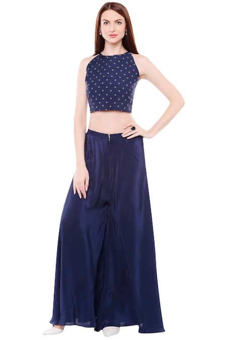 Buy_Soup By Sougat Paul_Blue Chiffon, Satin Round Printed Jacket Pant Set _Online_at_Aza_Fashions