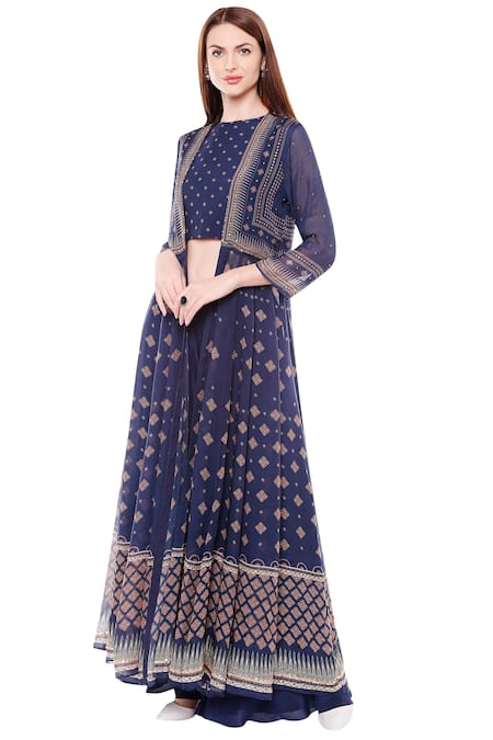 Shop_Soup By Sougat Paul_Blue Chiffon, Satin Round Printed Jacket Pant Set _Online_at_Aza_Fashions