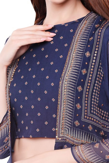 Soup By Sougat Paul_Blue Chiffon, Satin Round Printed Jacket Pant Set _at_Aza_Fashions