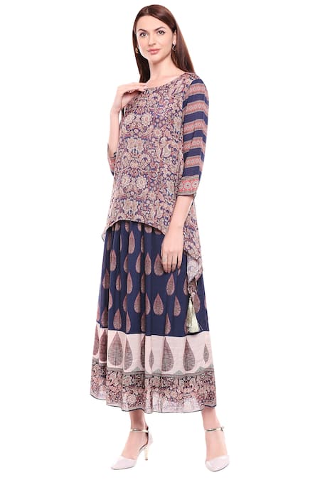 Soup By Sougat Paul_Blue Cotton, Muslin Slub Round Printed Dress _Online_at_Aza_Fashions