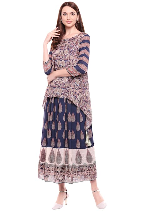 Buy_Soup By Sougat Paul_Blue Cotton, Muslin Slub Round Printed Dress _Online_at_Aza_Fashions