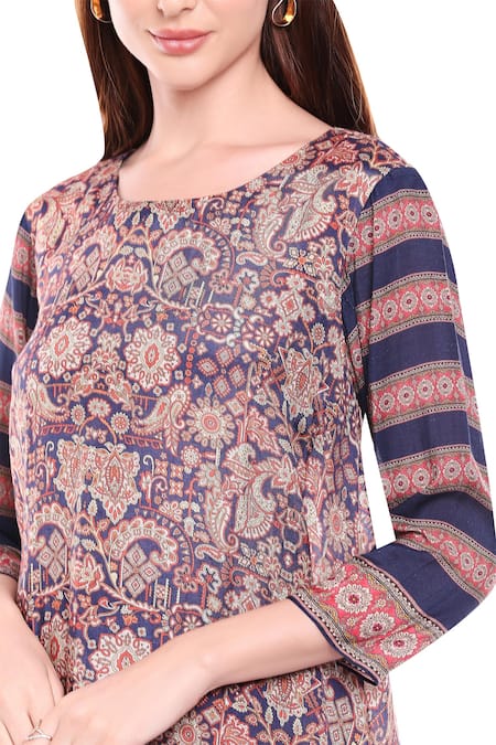 Soup By Sougat Paul_Blue Cotton, Muslin Slub Round Printed Dress _at_Aza_Fashions