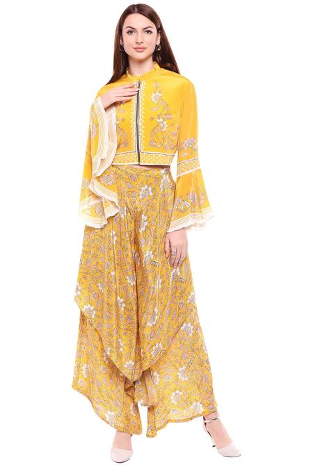 Soup By Sougat Paul_Yellow Crepe Floral Mandarin Collar Printed Top And Layered Pant Set _Online_at_Aza_Fashions