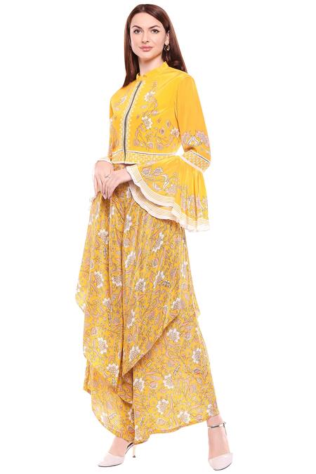 Buy_Soup By Sougat Paul_Yellow Crepe Floral Mandarin Collar Printed Top And Layered Pant Set _Online_at_Aza_Fashions