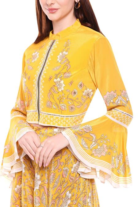Shop_Soup By Sougat Paul_Yellow Crepe Floral Mandarin Collar Printed Top And Layered Pant Set _Online_at_Aza_Fashions