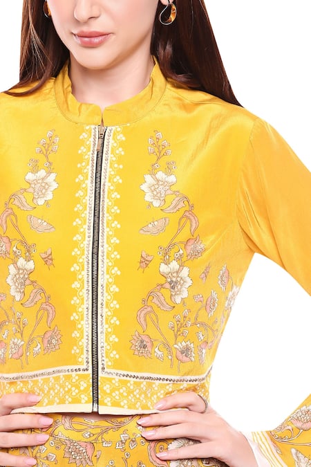 Soup By Sougat Paul_Yellow Crepe Floral Mandarin Collar Printed Top And Layered Pant Set _at_Aza_Fashions