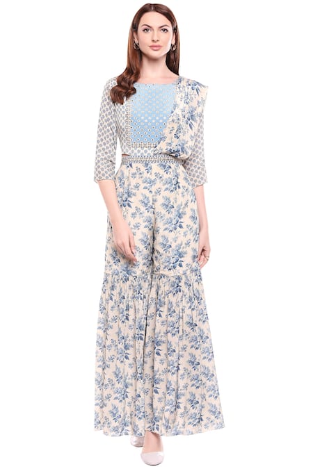 Soup By Sougat Paul_White Crepe Floral Round Neck Printed Jumpsuit _Online_at_Aza_Fashions