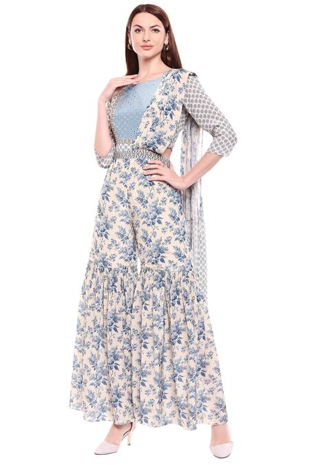 Buy_Soup By Sougat Paul_White Crepe Floral Round Neck Printed Jumpsuit _Online_at_Aza_Fashions