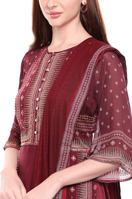 Shop_Soup By Sougat Paul_Maroon Net, Chiffon, Satin Round Printed Kurta Palazzo Set _Online_at_Aza_Fashions