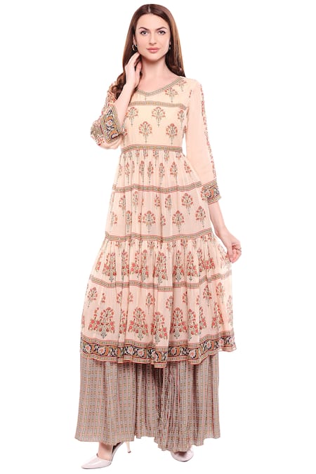 Soup By Sougat Paul_Beige Chiffon, Satin V Neck Printed Kurta Palazzo Set _Online_at_Aza_Fashions