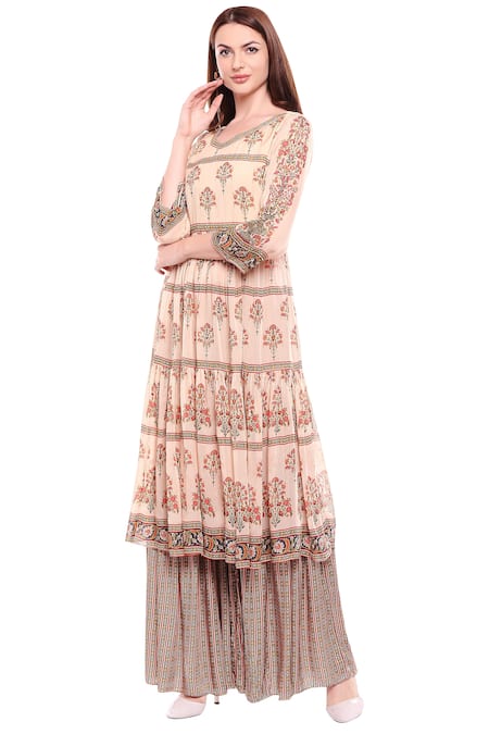 Buy_Soup By Sougat Paul_Beige Chiffon, Satin V Neck Printed Kurta Palazzo Set _Online_at_Aza_Fashions