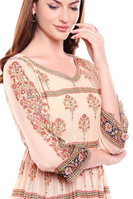 Shop_Soup By Sougat Paul_Beige Chiffon, Satin V Neck Printed Kurta Palazzo Set _Online_at_Aza_Fashions