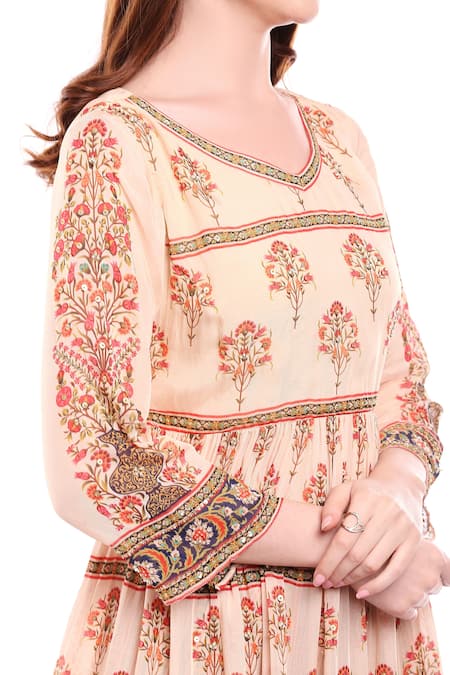 Soup By Sougat Paul_Beige Chiffon, Satin V Neck Printed Kurta Palazzo Set _at_Aza_Fashions