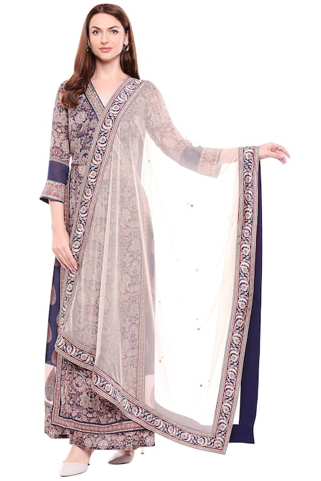 Soup By Sougat Paul_Blue Net, Chiffon, Satin V Neck Printed Kurta Palazzo Set _Online_at_Aza_Fashions