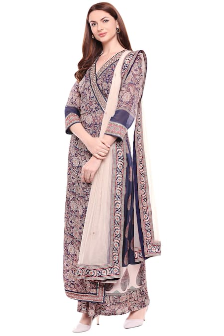 Buy_Soup By Sougat Paul_Blue Net, Chiffon, Satin V Neck Printed Kurta Palazzo Set _Online_at_Aza_Fashions