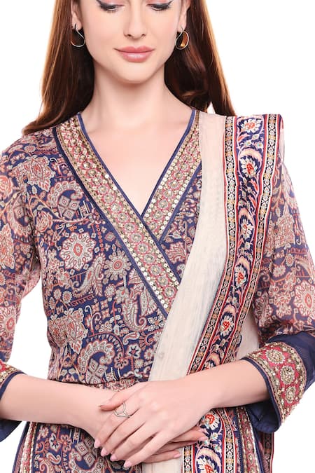 Shop_Soup By Sougat Paul_Blue Net, Chiffon, Satin V Neck Printed Kurta Palazzo Set _Online_at_Aza_Fashions