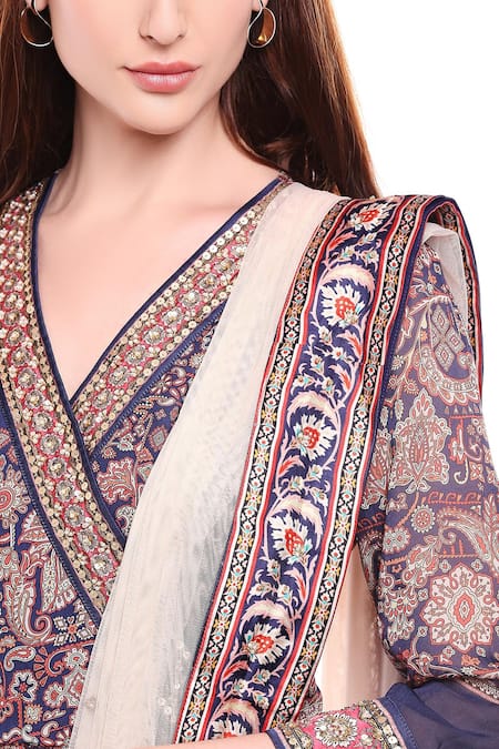 Soup By Sougat Paul_Blue Net, Chiffon, Satin V Neck Printed Kurta Palazzo Set _at_Aza_Fashions