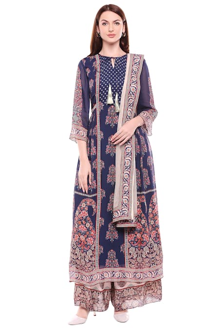 Buy_Soup By Sougat Paul_Blue Net, Chiffon, Muslin Slub Round Printed Kurta Palazzo Set _Online_at_Aza_Fashions