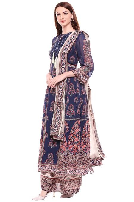 Shop_Soup By Sougat Paul_Blue Net, Chiffon, Muslin Slub Round Printed Kurta Palazzo Set _Online_at_Aza_Fashions