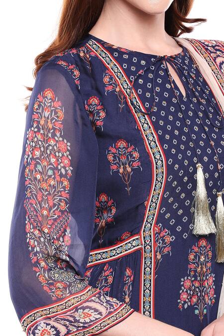 Soup By Sougat Paul_Blue Net, Chiffon, Muslin Slub Round Printed Kurta Palazzo Set _at_Aza_Fashions