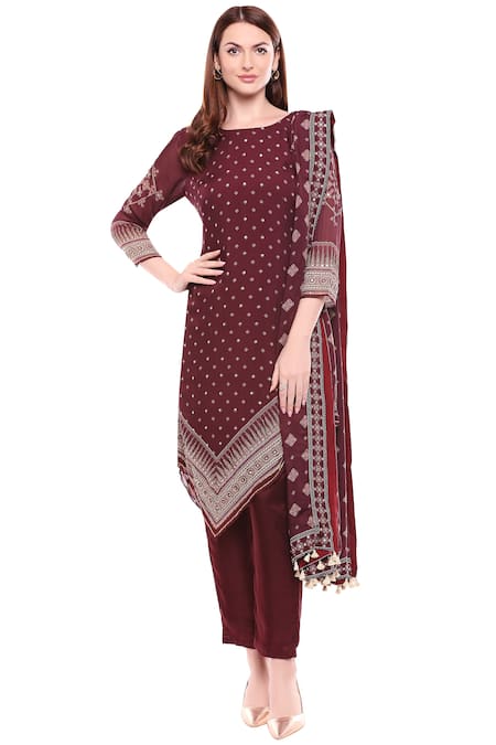 Soup By Sougat Paul Maroon Chiffon, Satin Round Printed Kurta Set 