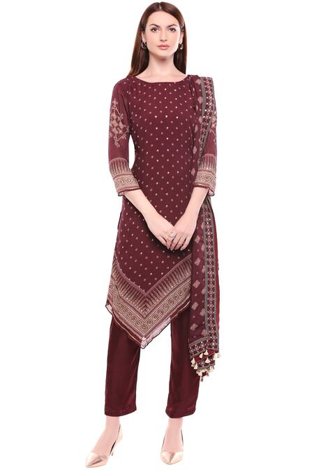 Soup By Sougat Paul_Maroon Chiffon, Satin Round Printed Kurta Set _Online_at_Aza_Fashions