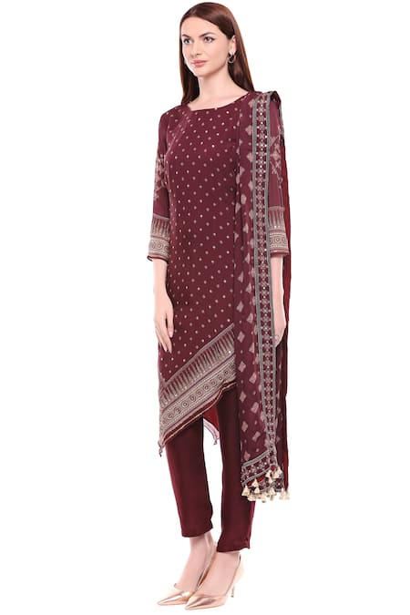 Buy_Soup By Sougat Paul_Maroon Chiffon, Satin Round Printed Kurta Set _Online_at_Aza_Fashions