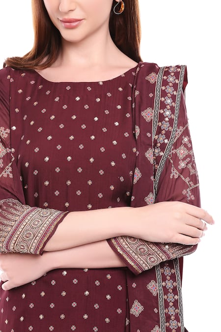 Shop_Soup By Sougat Paul_Maroon Chiffon, Satin Round Printed Kurta Set _Online_at_Aza_Fashions
