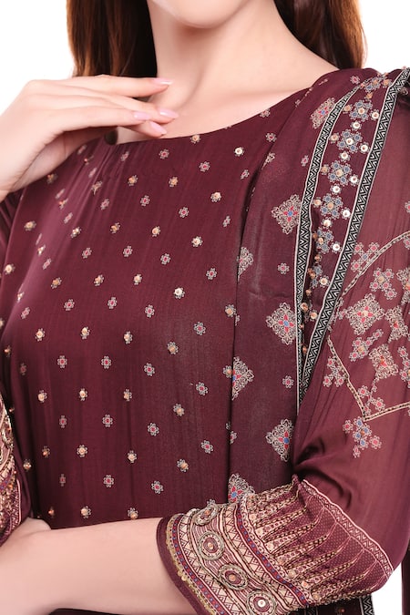 Soup By Sougat Paul_Maroon Chiffon, Satin Round Printed Kurta Set _at_Aza_Fashions