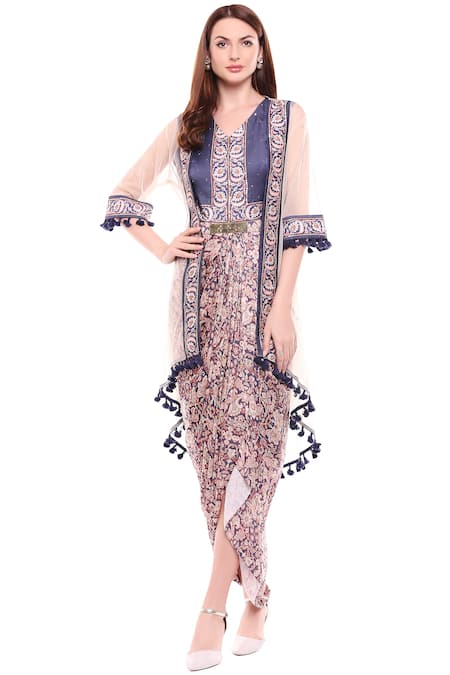 Soup By Sougat Paul Blue Printed Dress With Cape