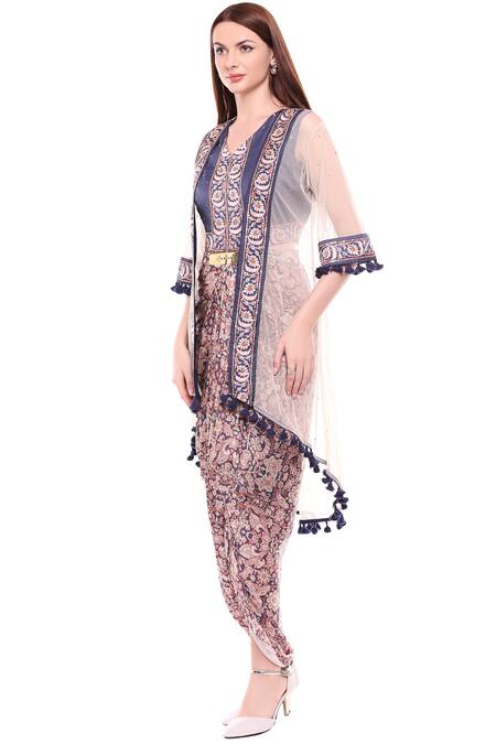 Soup By Sougat Paul_Blue Printed Dress With Cape _Online_at_Aza_Fashions