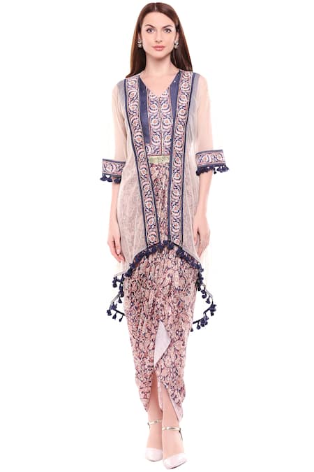 Buy_Soup By Sougat Paul_Blue Printed Dress With Cape _Online_at_Aza_Fashions