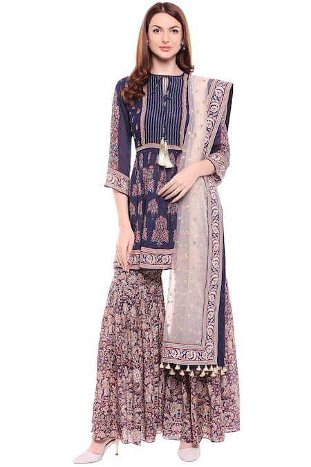 Soup By Sougat Paul Blue Net, Chiffon, Muslin Round Printed Kurta Sharara Set
