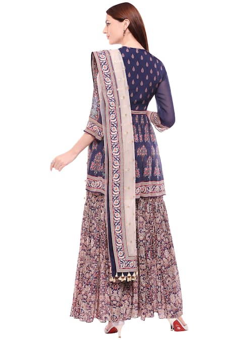 Shop Soup By Sougat Paul Blue Net, Chiffon, Muslin Round Printed Kurta Sharara Set at Aza Fashions Shop_Soup By Sougat Paul_Blue Net, Chiffon, Muslin Round Printed Kurta Sharara Set _at_Aza_Fashions