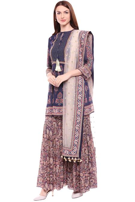 Buy Soup By Sougat Paul Blue Net, Chiffon, Muslin Round Printed Kurta Sharara Set Online at Aza Fashions Buy_Soup By Sougat Paul_Blue Net, Chiffon, Muslin Round Printed Kurta Sharara Set _Online_at_Aza_Fashions