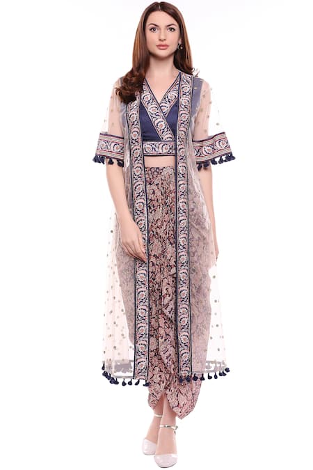 Soup By Sougat Paul_Blue Net, Chiffon, Satin Round Printed Draped Skirt Set _Online_at_Aza_Fashions