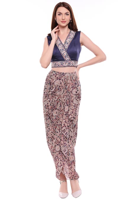 Buy_Soup By Sougat Paul_Blue Net, Chiffon, Satin Round Printed Draped Skirt Set _Online_at_Aza_Fashions