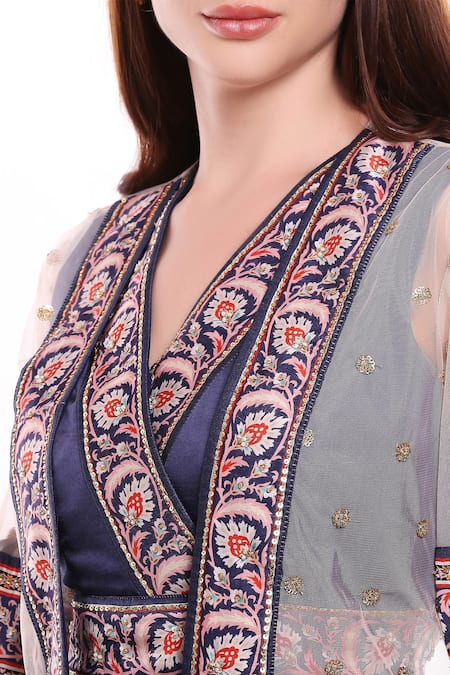 Shop_Soup By Sougat Paul_Blue Net, Chiffon, Satin Round Printed Draped Skirt Set _Online_at_Aza_Fashions