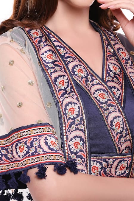 Soup By Sougat Paul_Blue Net, Chiffon, Satin Round Printed Draped Skirt Set _at_Aza_Fashions