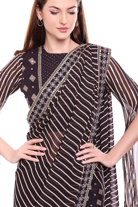 Shop_Soup By Sougat Paul_Black Chiffon Round Printed Saree Set _Online_at_Aza_Fashions