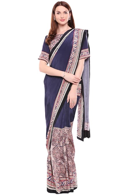 Soup By Sougat Paul_Blue Crepe Madhubani Round Neck Pre-draped Saree With Blouse _Online_at_Aza_Fashions