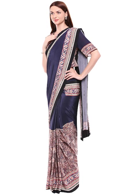 Buy_Soup By Sougat Paul_Blue Crepe Madhubani Round Neck Pre-draped Saree With Blouse _Online_at_Aza_Fashions