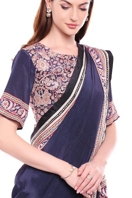 Shop_Soup By Sougat Paul_Blue Crepe Madhubani Round Neck Pre-draped Saree With Blouse _Online_at_Aza_Fashions