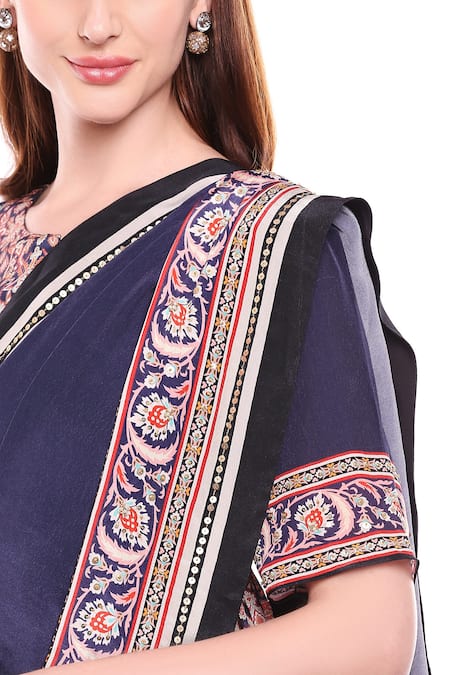 Soup By Sougat Paul_Blue Crepe Madhubani Round Neck Pre-draped Saree With Blouse _at_Aza_Fashions