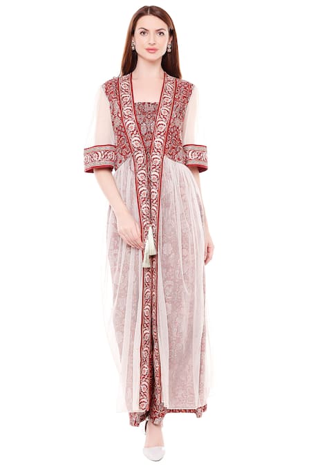 Soup By Sougat Paul_Maroon Net, Malaysian Silk Square Neck Printed Jumpsuit With Jacket _Online_at_Aza_Fashions