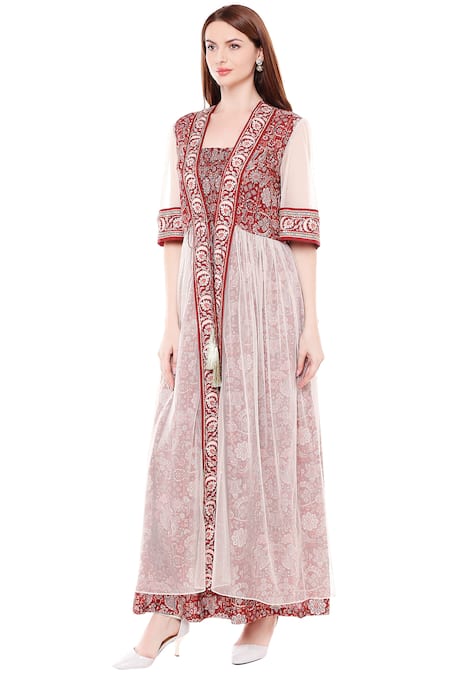 Buy_Soup By Sougat Paul_Maroon Net, Malaysian Silk Square Neck Printed Jumpsuit With Jacket _Online_at_Aza_Fashions