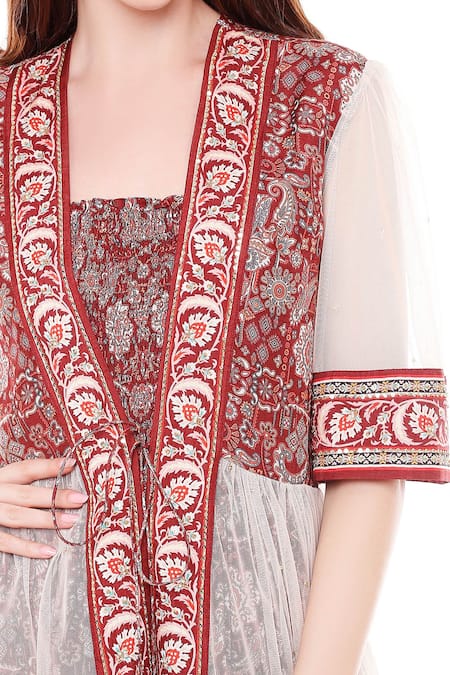 Soup By Sougat Paul_Maroon Net, Malaysian Silk Square Neck Printed Jumpsuit With Jacket _at_Aza_Fashions