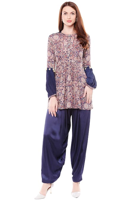 Soup By Sougat Paul_Maroon Crepe, Chiffon Round Printed Kurta Set _Online_at_Aza_Fashions